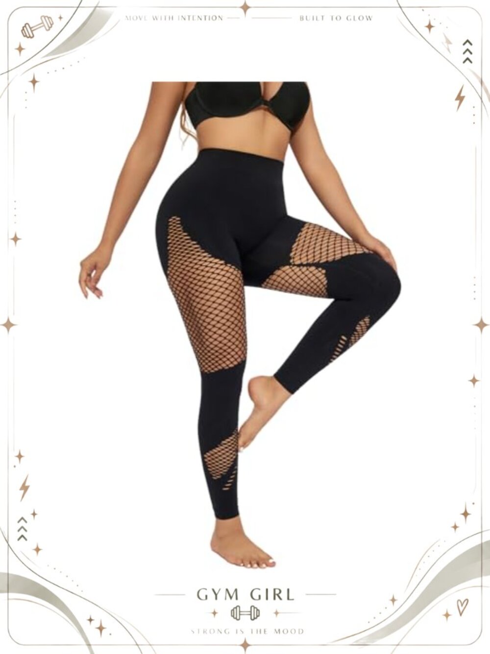 Women Fishnet Mesh Panel Seamless High-Waisted Yoga Leggings